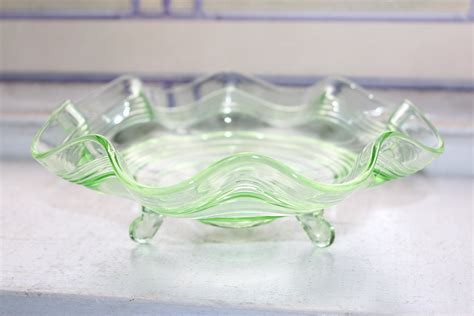 Green Depression Glass Footed Bowl Ruffled Rim Vintage 1930s