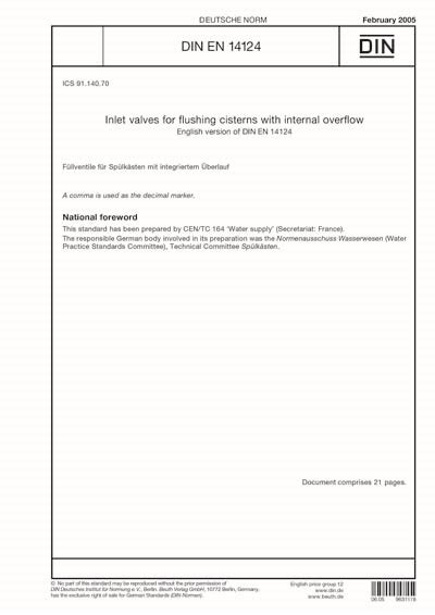 DIN EN 14124:2005 - Inlet valves for flushing cisterns with internal ...