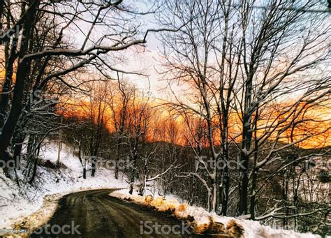 Blue Ridge Mountains In Snow During Sunset Stock Photo - Download Image ...