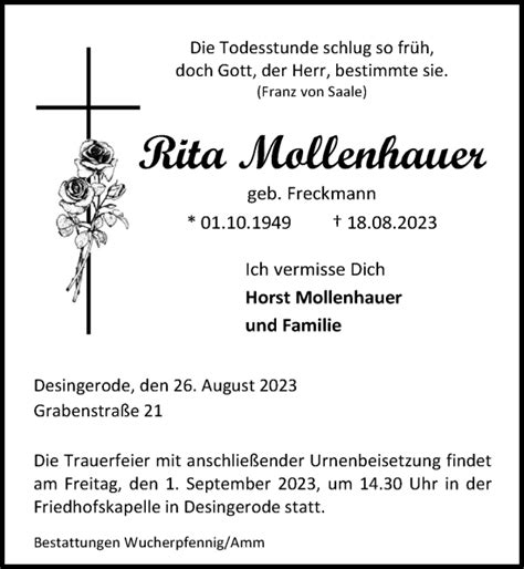 Traueranzeigen Von Rita Mollenhauer Trauer Anzeigen De