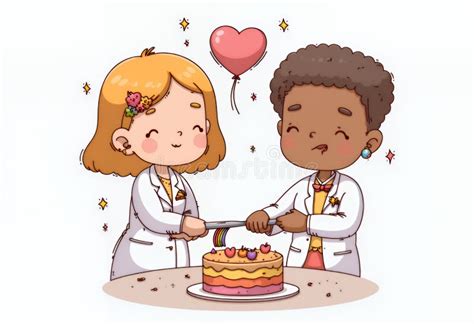 Adorable Blonde And Dark Haired Chibi Characters Cutting A Layered Cake In A Delightful