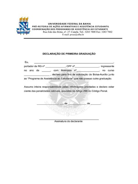 Declaração de Primeira Graduação UFBA | PDF