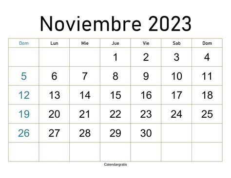 Calendario Noviembre 2023 Para Imprimir Gratis