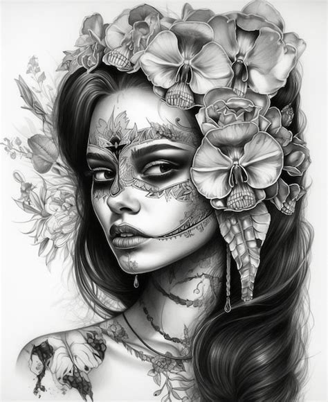 Premium Photo A Black And White Drawing Of A Woman With Flowers On