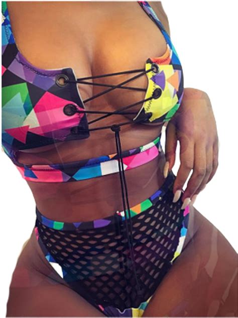 Pudcoco Women Lace Up Bikini Set Push Up Padded Bra Mesh Swimsuit