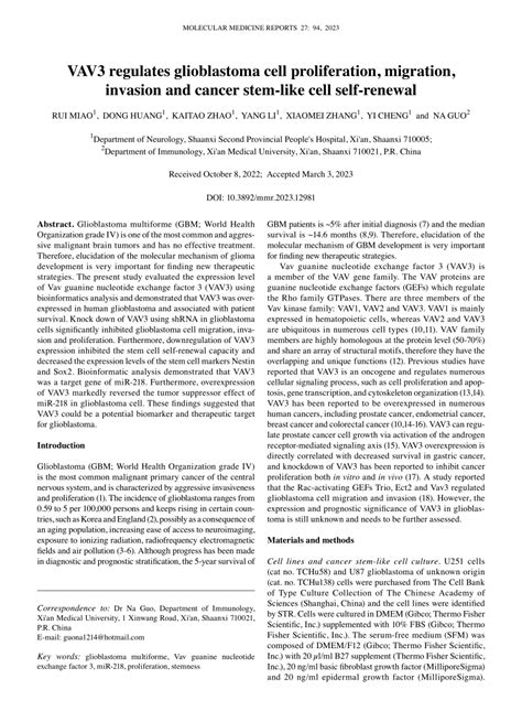 Pdf Vav3 Regulates Glioblastoma Cell Proliferation Migration