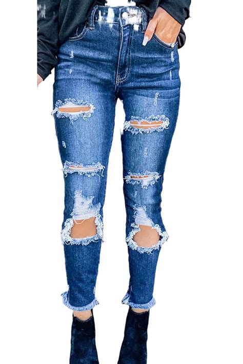 Wholesale Push It Production Cheap Dark Blue Distressed Holes Jeans Online