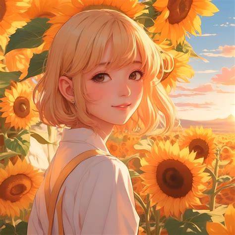 Premium Photo A Blonde Anime Girl In A Field Of Sunflowers At The