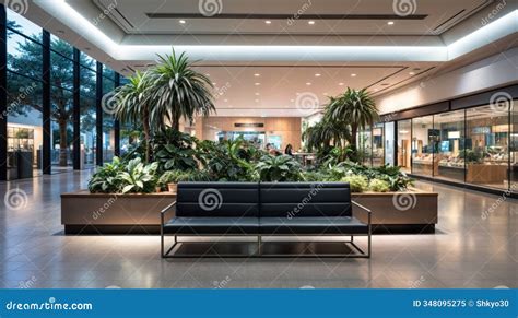 front view   wide black bench   light shopping mall