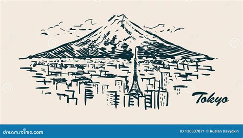 Tokyo Mount Fuji Hand Drawn Illustration.Sketch Vector Toky City Skyline. Stock Illustration ...