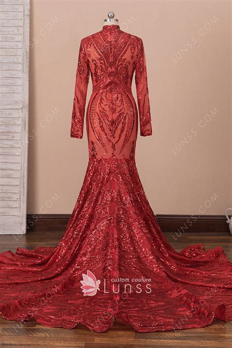 Unique Red Sequin Long Sleeve Mermaid Prom Dress Lunss