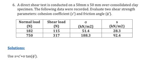 Solved 6 A Direct Shear Test Is Conducted On A 50 Mm50 Mm Chegg