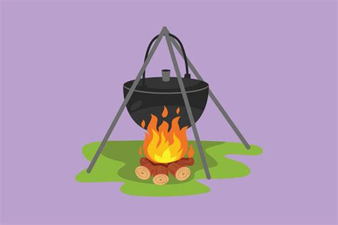 Graphic Flat Design Drawing Black Camping Pot Over A Bonfire Hot Food Cooking On Campfire
