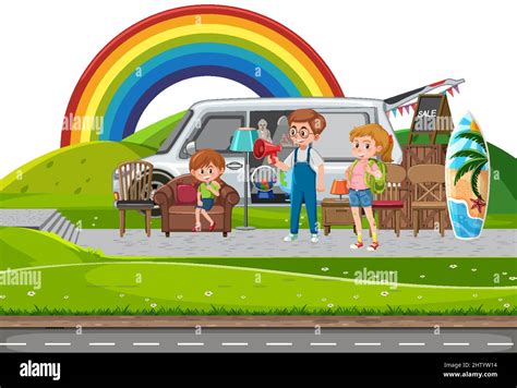 Outdoor scene with car boot sale and cartoon character illustration Stock Vector Image & Art - Alamy