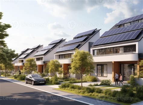 Modern homes with eco-friendly solar panels dominate the scene, while a