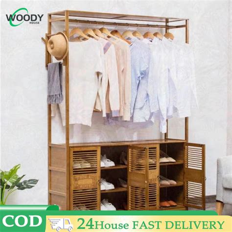 Wardrobe Clothing Hanger Storage Rack Cabinet Bamboo Wooden Clothes