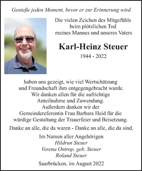 Traueranzeigen Von Karl Heinz Steuer Saarbruecker Zeitung Trauer De