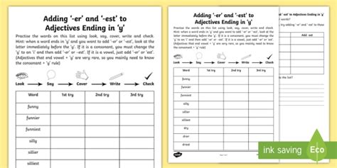 Year 2 Spelling Practice Adding Er And Est To Adjectives Ending In Y