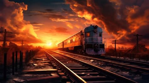 Un tren va por las vías al atardecer Foto Premium