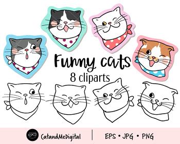 Funny Face Cat Sticker Planner Coloring Outline Art Animal Clipart