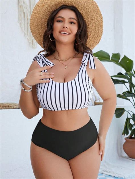 Shein Swim Curve Plus Size Beach Striped Bow Strap Bra And Bikini Bottom Separated Bathing Suit