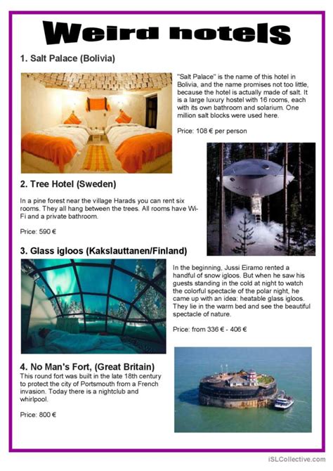 Weird Hotels Reading For Detail Dee English ESL Worksheets Pdf Doc