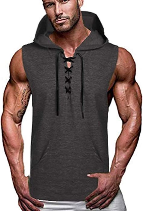 Mens Workout Cut Off Sleeveless Shirt Muscle Hooded Tank Tops Gym