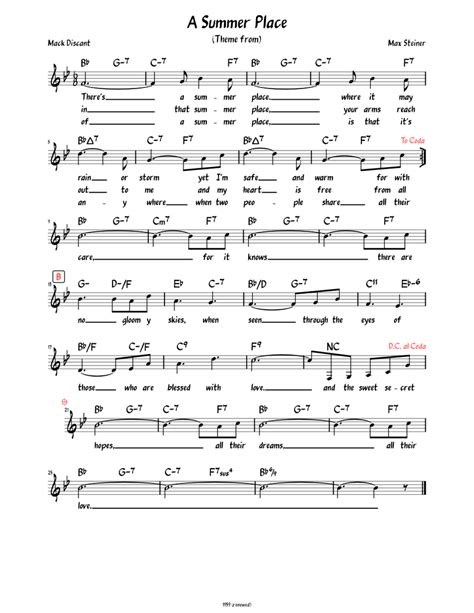 A Summer Place Lead Sheet With Lyrics Sheet Music For Piano Solo