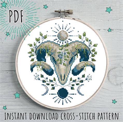 Witchy Cross Stitch Ram Skull Flowers And Moon Phases Instant