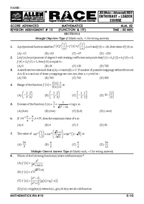 Ra Function Itf E Mathematics Ra E Jee Main Advanced