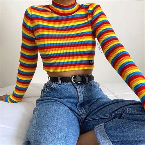 1 Or 2 Rainbow Deep Warm Ribbed Top Colourful Outfits Retro