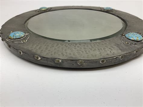 Arts Crafts Style Circular Hammered Pewter Mirror Inset With Four