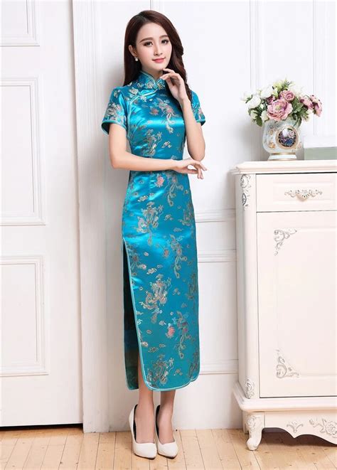 Light Blue Vintage Chinese Womens Long Cheongsam Novelty Satin Qipao