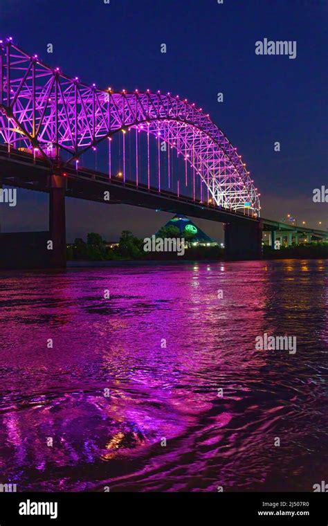 The Hernando De Soto Bridges Nighttime Reflection Seen At Dusk From