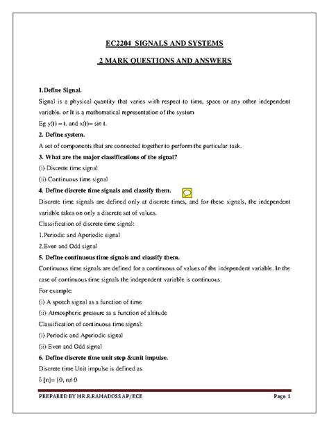 Marks Ec Signals And Systems Mark Questions And Answers