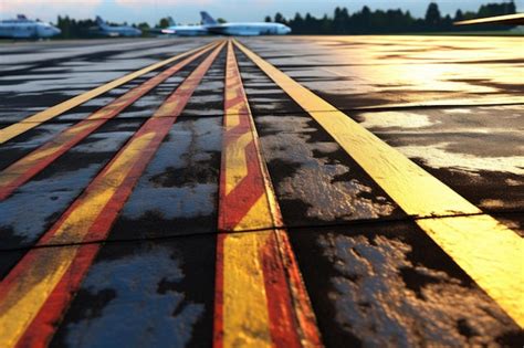 Premium AI Image Closeup Of Runway Tarmac Texture And Painted Lines