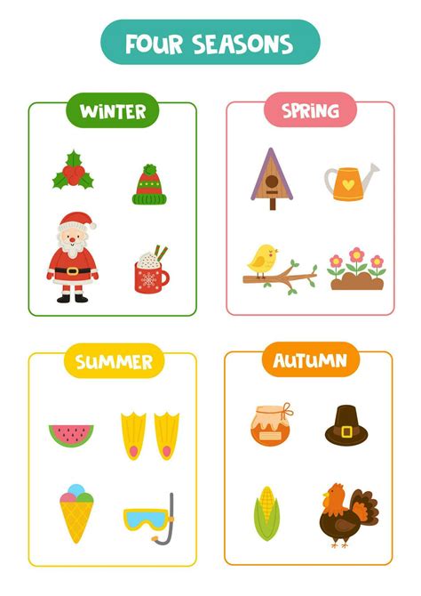 Learning four seasons for kids. Colorful educational worksheet ...