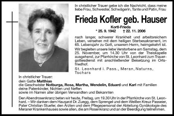 Traueranzeigen Von Frieda Kofler Trauer Bz