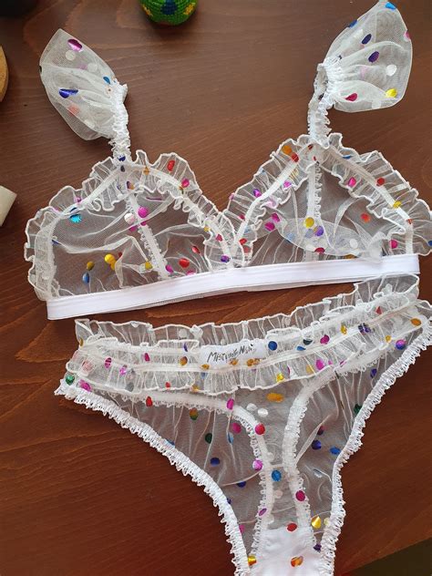 Frilly Panty Thong Polka Dot Panties See Through Tanga Rainbow Lingerie Transparent Tulle