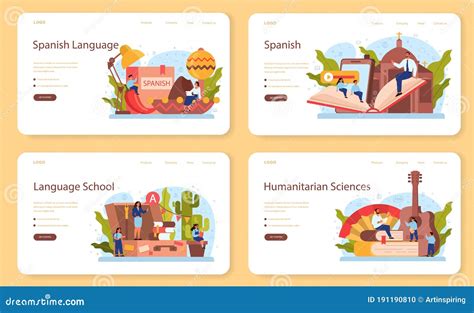 Spanish Learning Web Banner Or Landing Page Set Language School Stock