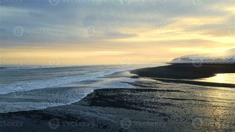 Aerial View Of Icelandic Ocean With Black Sand Beach In Icelandic