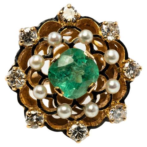 Diamond Colombian Emerald Pearl Ring Black 14K Gold Vintage For Sale At