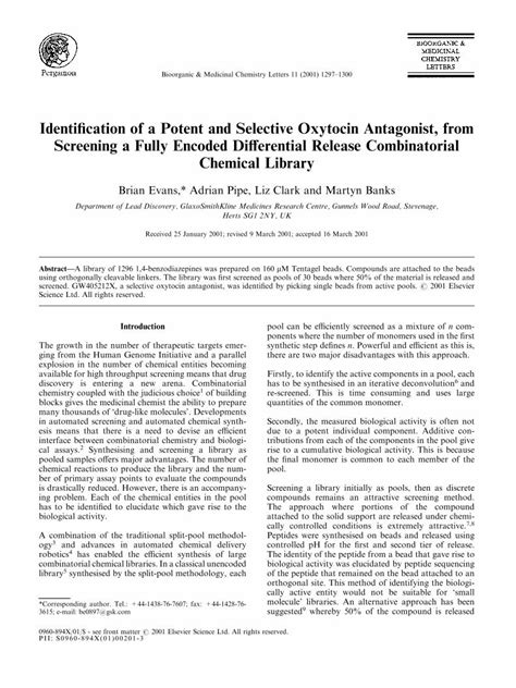 Pdf Identification Of A Potent And Selective Oxytocin Antagonist