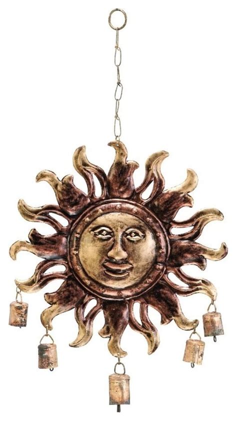 Sun Face Metal Wind Chimes Garden Decor With 5 Metallic Bells