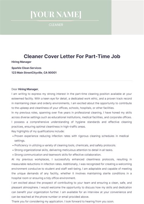 Free Cleaner Cover Letter For Part Time Job Template to Edit Online