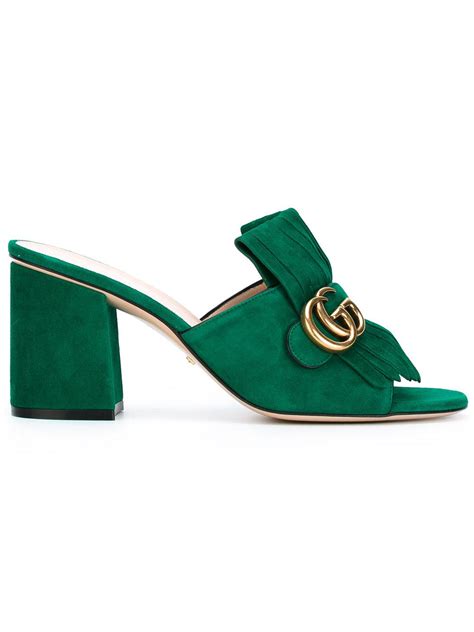 Lyst Gucci Marmont Gg Kiltie Suede Block Heel Mules In Green