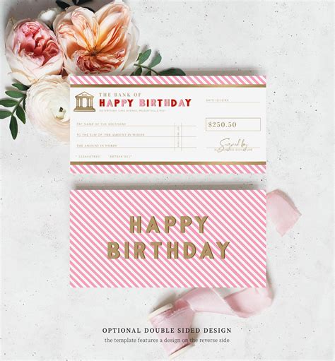 Stripe Pink Red Gold | Printable Birthday Cheque Gift Voucher Template ...