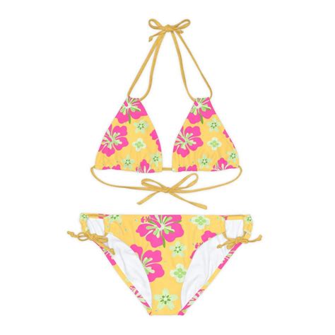 Hawaiian Hibiscus Strappy Bikini Set Yellow Bathing Suit Pink Hibiscus Flower Tropical Swimming