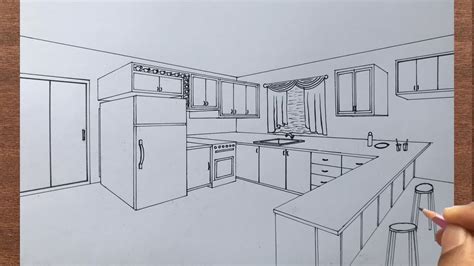 How To Draw A Kitchen In Point Perspective Youtube