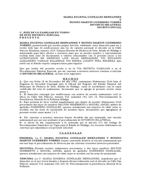 Solicitud De Divorcio Bilateral Y Convenio De Liquidación De Bienes